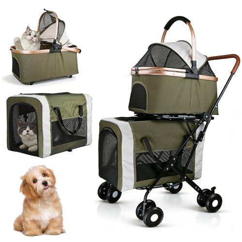 Double Pet Stroller for Dogs and Cats: Dog Stroller Foldable Travel Carriage with Detachable Carriers, Safety Belts, and 4 Lockable Wheels for Small to Medium Pets – Ideal for Multi-Pet Homes (Green)