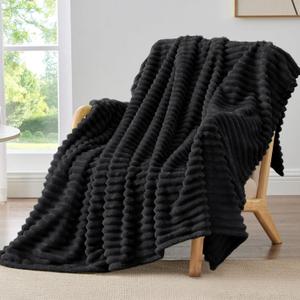 BEDELITE Fleece Black Throw Blanket for Couch - 300GSM Soft & Warm Fluffy Black Blanket, Decorative and Giftable Striped Blankets for Women, Men, 50"x60", Black