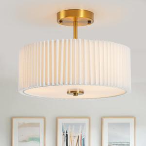Bargeni Semi Flush Mount Ceiling Light Fixture,12.5 inch Drum Flush Mount Ceiling Light,Gold Light Fixtures Ceiling Mount,Cream White with Pleated Fabric Shade,Modern Ceiling Light for Bedroom,Hallway