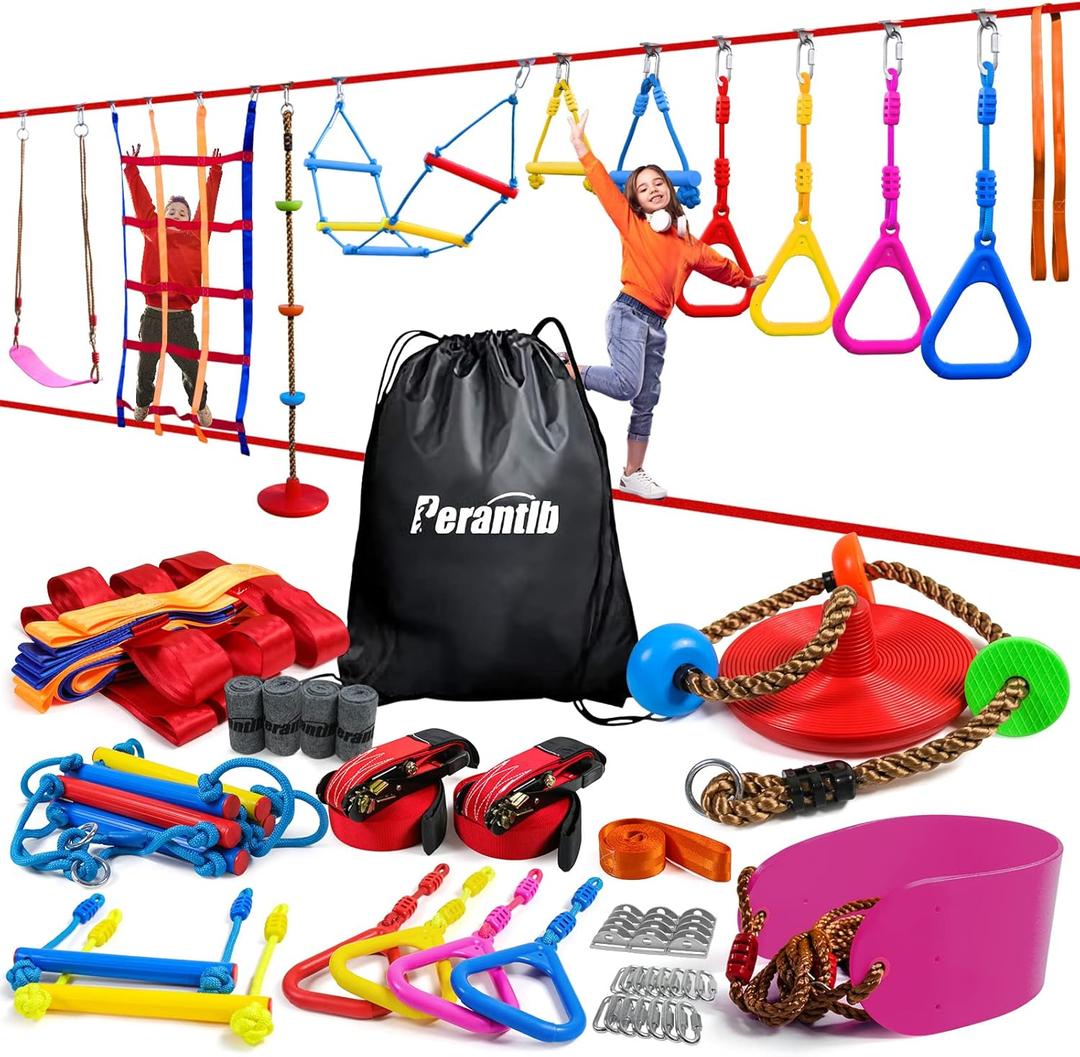 Ninja Warrior Obstacle Course for Kids-Playground Fitness Equipment Ninja Slackline with Multiple Accessories for Kids,Contain Swings,Rope ladders,Rings,Ninja Couse for Kids Outside (2x56ft) Ninja Warrior Obstacle Course for Kids-Playground Fitness Equipment Ninja Slackline with Multiple Accessories for Kids,Contain Swings,Rope ladders,Rings,Ninja Couse for Kids Outside (2x56ft)