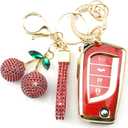 Sparkly Key Fob Cover with Cherry Keychain, Bling TPU Smart Key Case for Women, Compatible with Toyota 4Runner,Avalon,Camry Corolla Fortuner Highlander RAV4 LE (4-Button, Gold Red)
