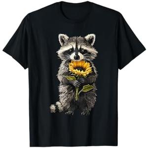 Raccoon Holding Sunflower Cute Flower Mothers Day T-Shirt, M