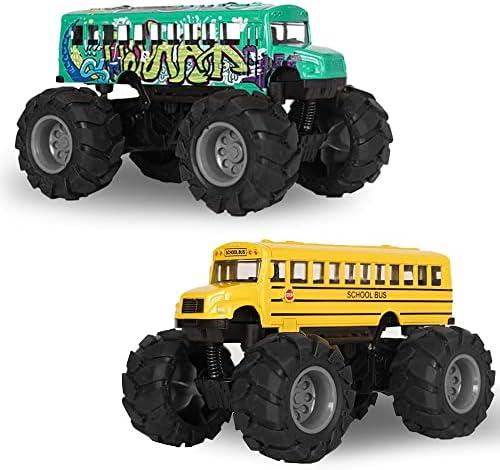 Crelloci 2 Pack School Bus Monster Truck Toy, Die Cast Big Wheel Monster Truck, Green Yellow Pull Back Car Toys, Play Vehicle Gifts for Kids, Toddlers, Boys Age 3+