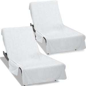 Super Soft & Thick Lounge Chair Towel Cover (Pack of 2), Chaise Lounge Cover with Pockets,Beach Chair Cover for Pool Beach Garden Courtyard and Trips,85 x 30 in Pool Chair Cover,White