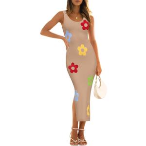 ZESICA Women's Summer Knit Bodycon Midi Dress 2026 Sleeveless Floral Crewneck Color Block Long Beach Party Dresses (Khaki)