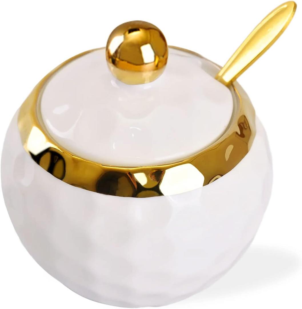 WHJY Ceramic Sugar Bowl with Lid and Spoon, Golf Design Porcelain Salt Bowl Salt Container, Modern Spice Box Seasoning Jar for Home and Kitchen Coffee Bar - White