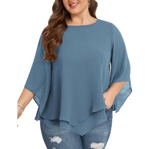 Hanna Nikole Women's Large Sizes Chiffon Blouses 3/4 Sleeve Double Layer Shirt Flowy Elegant Tops Loose Long Shirt
 Blue 3XL Hanna Nikole Women's Large Sizes Chiffon Blouses 3/4 Sleeve Double Layer Shirt Flowy Elegant Tops Loose Long Shirt
 Blue 3XL