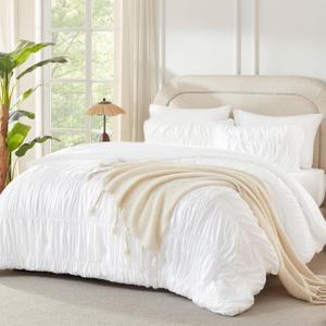 Andency Ruched White King Size Comforter Set, Shabby Chic Pleated Bedding Sets 3 Pieces, Lightweight Soft Boho Ruffle Bed Set for Girls, Kids, Women, All Season