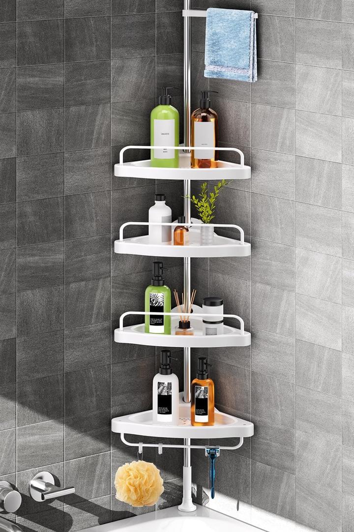 HAMITOR Corner Shower Caddy Tension Pole: Adjustable Stainless Steel Shower Organizer with 4 Tier Shelf for Bathroom Bathtub Tub Shampoo - Floor Standing Rack Bath Storage Holder with Rust Proof Rods (Silver)