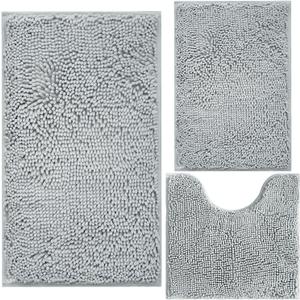 Bathroom Rugs Sets 3 Piece Extra Soft and Absorbent Shag Bathroom Rugs, Machine Wash Mat, Strong PVC Non-Slip Underside, Plush Carpet Mats (Light Grey)