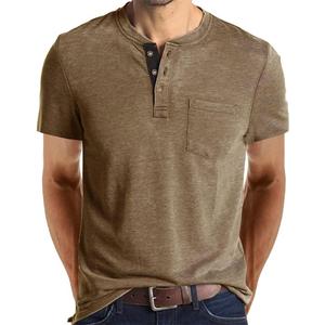 Mens Casual Short Sleeve Henley Shirts Fashion Button T Shirts with Pocket (Medium, Khaki)