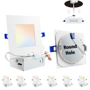 Adetu 6 Pack 6 inch Square Led Recessed Lighting,5CCT Ultra Thin Square Led Ceiling Light with Junction Box,14W 1190LM,CRI90,2700K-5000K Selectable,Dimmable Canless Downlight,ETL and Energy Star