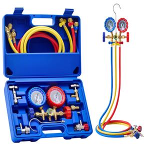 Orion Motor Tech AC Gauge Set, 3-Way AC Manifold Gauge Set for R12 R134a R502 R22 Refrigerant with 5 ft. Hoses, Automotive A/C Gauge with R134a Couplers Self-Sealing & Piercing Can Taps 29 Adapter