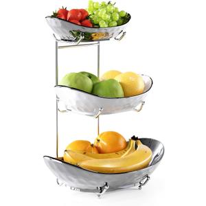 Fruit Bowl, 3 Tier Ceramic Fruit Basket, Serving Stand Serving Bowl with Metal Rack, Porcelain Kitchen Bowls for Fruit and Vegetable Storage Snack Nuts Dessert Cake Tray for Party Wedding (Silver)
