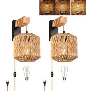 Rattan Wall Sconce Set of Two Boho Wall Lights for Bedroom Wicker Wall Lamp Plug in Wall Sconces for Bedroom Living Room