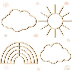4 Pieces Boho Nursery Cloud Star Wall Decor Wooden Babyroom Moon Rattan Wall Decor Wooden Rainbow for Children Baby Kids Boys Girls Bedroom Nursery Pendant(Cloud Rainbow Sun)