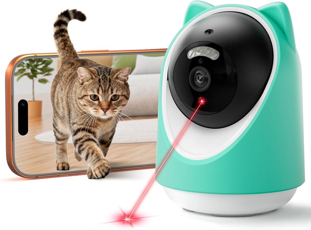 ASFSKY Pet Camera 2K Indoor Cat Camera Auto-Tracking for Cats, Cat Laser, Motion Detection Alerts, Night Vision, 2-Way Audio of pet Monitor, Cat Dog Home Security Camera with Phone App Light Green