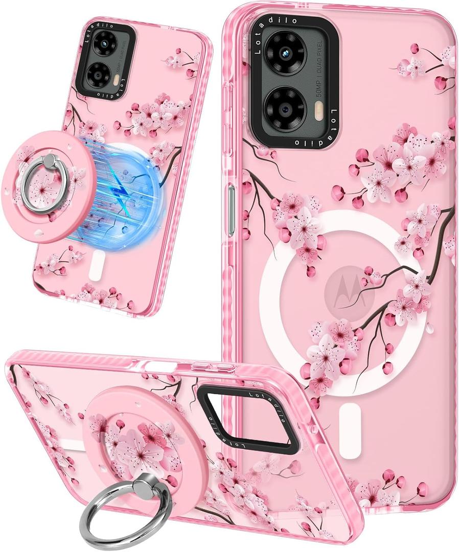 Cute Case for Moto G 5G 2024 for Women Girls - Funny Peach Blossom Design Compatible with Magsafe Ring Holder Magnetic Stand Kickstand Fashion TPU Phone Covers Kawaii