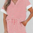 Zenana Striped Collared Top & Shorts Set, M