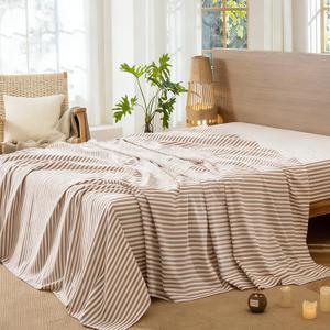 MooMee Striped Flat Top Sheet Only 100% Washed Cotton Linen Like Textured Breathable Durable Soft Comfy (Orange Classic Stripes, King)