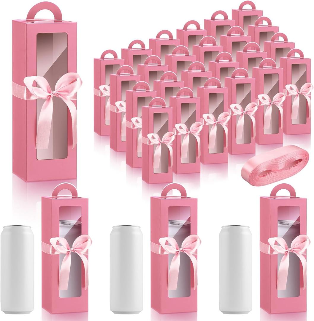 Ctosree 24 Pcs Tumbler Gift Box with Handle for 12oz 16oz 20oz 30oz Clear Wine Glass Gift Box Sublimation Tumblers Heat Press Blanks Bottle for Wrapping Packaging(Pink)