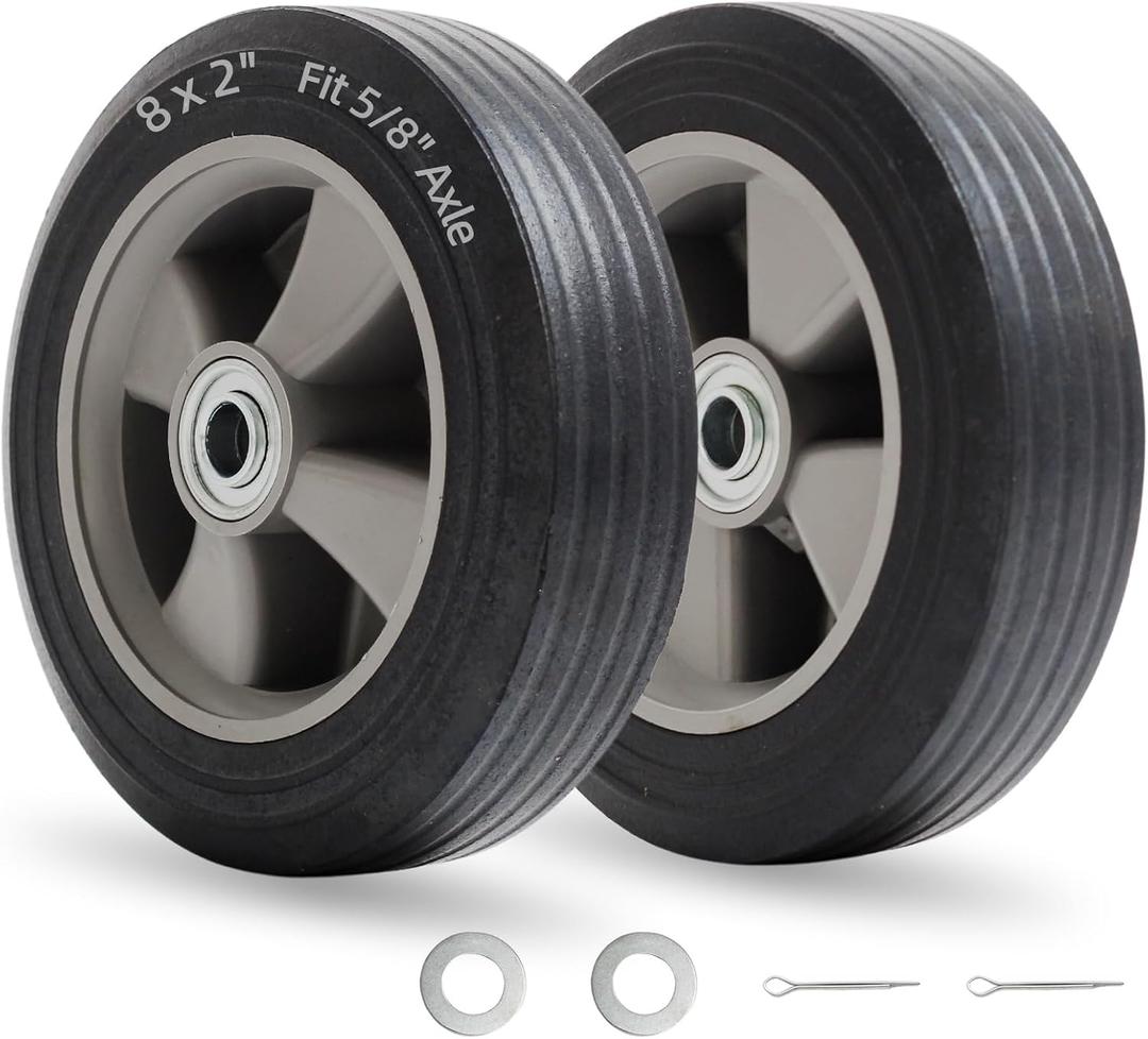 GICOOL 8" x 2" Flat-Free Solid Rubber Tire and Wheel with Ball Bearings and 5/8" Axle Bore Hole, 2" Offset Hub, For Hand Truck Dolly Trolley Garden Wagon Cart Generator Replacement Tire, 2 Pack, 8" , Bore Dia.5/8"