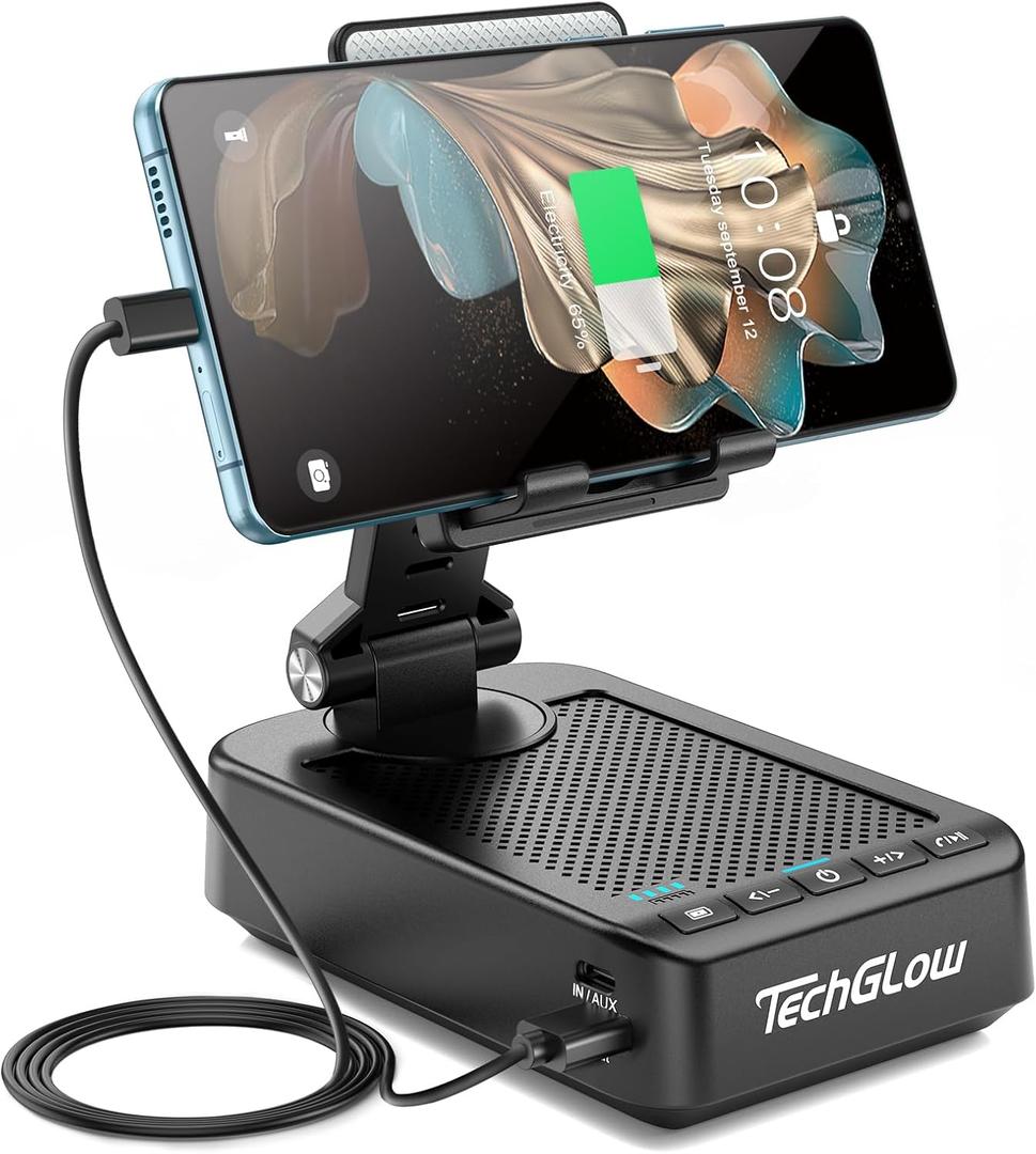 TechGlow Foldable Cellphone Stand with Bluetooth Speaker Charging Function 360 Rotatable Phone Stand Birthday Gifts for Men Women Mother Father Cool Tech Gadgets (Black)