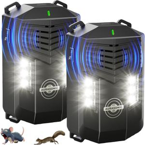 Aurasonic 2026 Upgraded Ultrasonic Rodent Pest Repellent for Car Engine - Under Hood Mouse Repeller Traps Double Flash Light Keeps Rats & Mice Away from Vehicle Automobile Truck Garage Attic - 2 Pack
