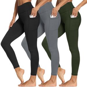 3 Packs Leggings with Pockets for Women, Soft High Waisted Tummy Control Workout Yoga Pants (XX-Large, 3 Pack Black,dark Grey,army Green)