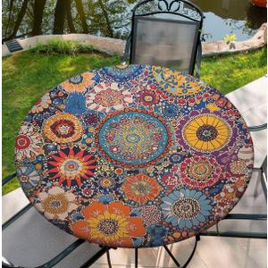 Round Tablecloth with Elastic Edge, 36-60Inch Waterproof Table Cloth for Dinner, Outdoor, Picnic, 36inch, Colorful Mandala