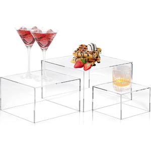 3 Pcs Acrylic Buffet Risers, Clear Cube Display Stands Box Riser with Hollow Bottoms, Acrylic Food Risers for Buffet Table, Party Dessert, Figures, Jewelry, Perfume, Handbag, 6" 7" 8"