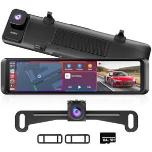 4K Rear View Mirror Camera with Carplay & Android Auto: 11.26" Smart Touch Screen Mirror Dash Cam Front and Rear with Voice Control, Parking Monitor, Reverse Assist for Car Truck SUV Van (64GB Card)