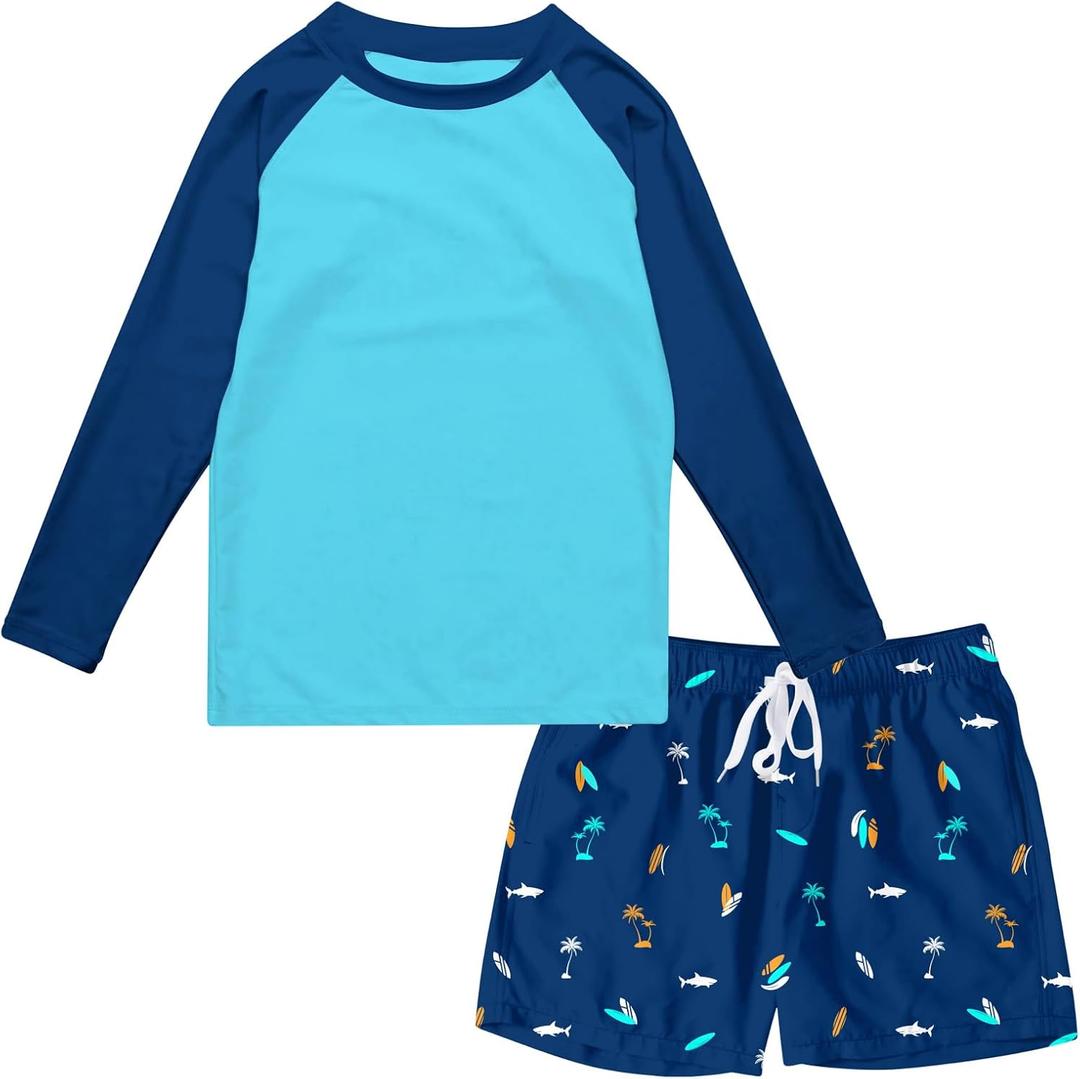 Boys Long Sleeve Rash Guard Swimsuit Kids 2-Pieces Bathing Suits Set (Blue), 4T