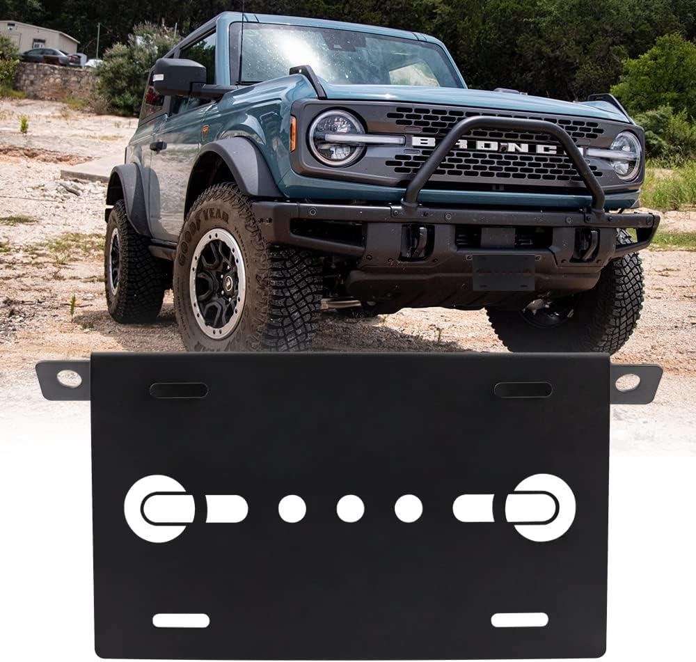 Front License Plate Bracket for Ford Bronco, Steel License Plate Holder Front Lower Bumper License Plate Mount License Plate Frames for Bronco Compatible with 2021 2022 2023 2024 Ford Bronco (Black) (Patterned)