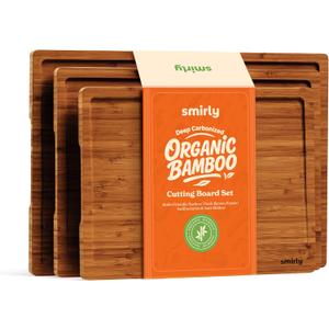 SMIRLY Bamboo Wooden Cutting Boards, Wood Cutting Board for Kitchen, Set of 3 with Deep Juice Grooves, Ideal for Chopping Meat Vegetables, Charcuterie Cheese Serving Tray, Kitchen Gadgets