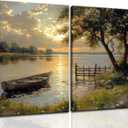 2Pcs Framed Fall Landscape Canvas Wall Art, Lake Boat Forest Art Prints, Autumn Scenery Nature Decor Pictures, Rustic Gold Paintings Wall Decor Living Room, Bedroom, Office 16x24in