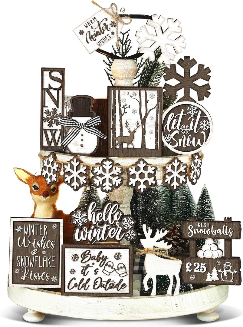 17 Pcs Winter Tiered Tray Decor Winter Snowman Tiered Decorations Set Snowflake Reindeer Table Centerpieces Decor Wooden Signs Table Decoration Without Tray for Farmhouse Party (Brown)