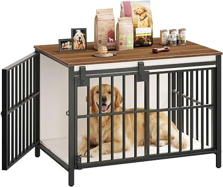 Hzuaneri 27.2" Dog Crate Furniture with Barn Door, Heavy Duty Dog Kennel Indoor with 2 Doors, Wooden Pet Cage End Table for Small Medium Dogs up to 22 Ib, Anti-Chew Anti-Escape, White Brown DFC84314B