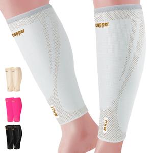 Copper Calf Compression Sleeves for Men & Women - High Stretch Graduated Compression with Anti-Slip Grip | Breathable & Smooth Lining Footless Design for Runners, Shin Splints, Leg Fatigue & Travel (Light Gray, Medium)