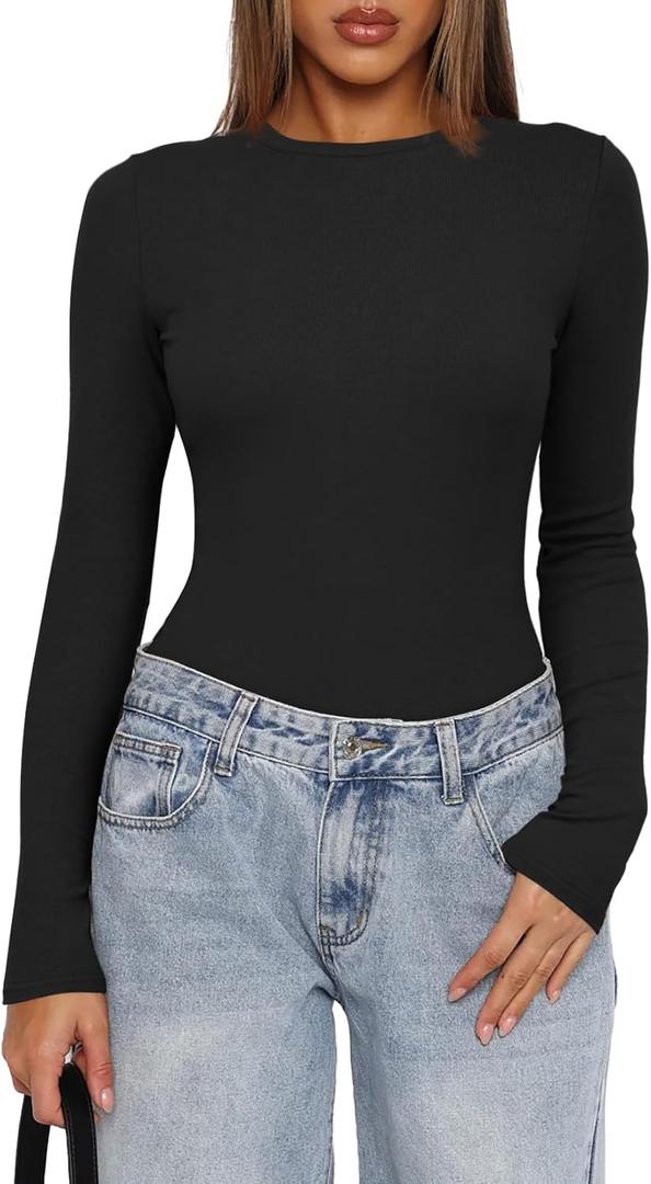 Darong Women's Long Sleeve Bodysuits Crew Neck Body Suits 2024 Basic One Piece Bodysuit Tops (X-Large, Black)
