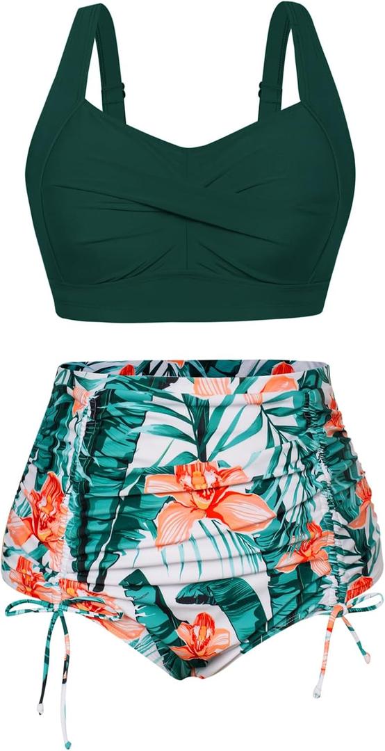 Hanna Nikole Women Plus Size Two Piece Swimsuit Sets Twist Front Bikini Bathing Suit with Drawstring Ruched Bottom (Green Leaves Floral)
