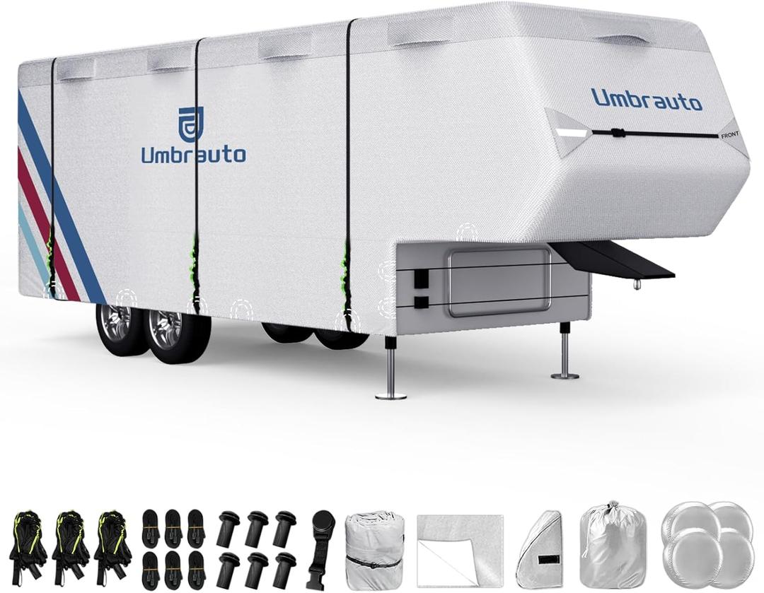 Umbrauto 5th Wheel RV Cover Upgraded 300D Waterproof Breathable Camper Covers Fits 31' - 34' Travel Trailer Motorhome with 2Pcs Extra Straps & Gutter Covers