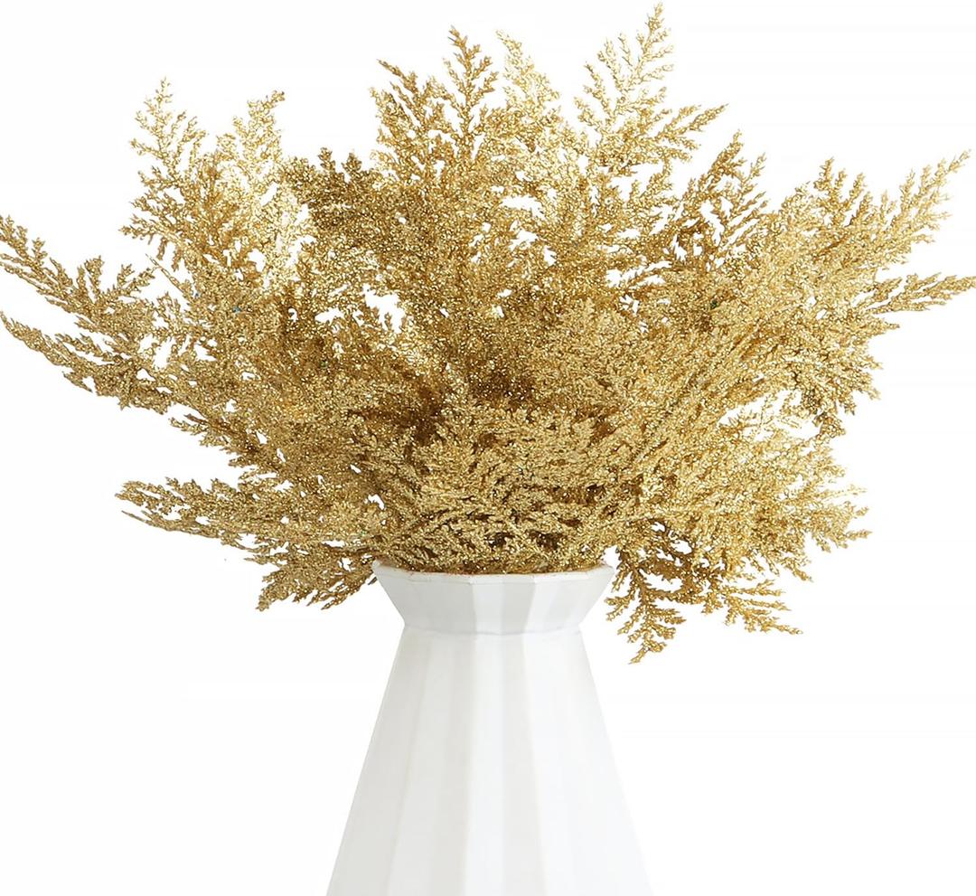 FOIMAS 24pcs Artificial Pine Needles Glitter Christmas Floral Picks Branches Fake Floral Twig Picks Sprays for Christmas Tree Wreaths Floral Arrangement Home Holiday Decor, Gold