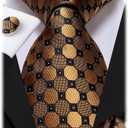 Dubulle Mens Tie Set Solid Paisley Silk Striped Necktie for Men with Cufflinks Tie and Pocket Square (A Black Brown Bronze)