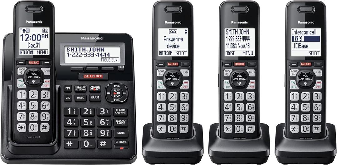 Panasonic Cordless Phone with Advanced Call Block, Link2Cell Bluetooth, One-Ring Scam Alert, and 2-Way Recording, Answering Machine, 4 Handsets - KX-TGF944B (Black)