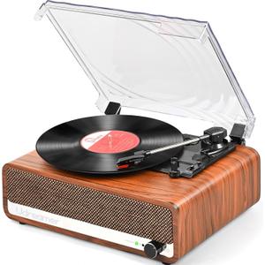 Vinyl Record Player with Speakers,3 Speed Turntable with Latest Bluetooth 5.3, Aux Input, Headphone Jack, RCA Output and Auto Stop, Mirror Vintage Wooden Brown