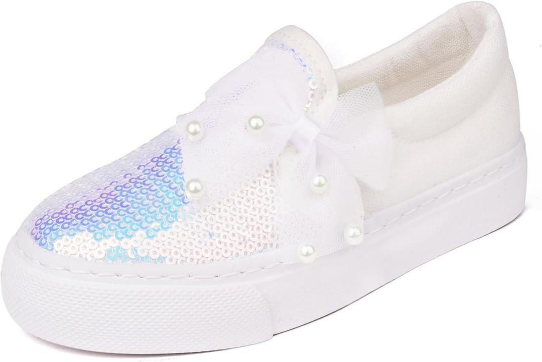 Toandon Toddler Kids Girls Sparkle Slip On Walking Shoes Age 2-10 (13 Little Kid, Bowknot White)