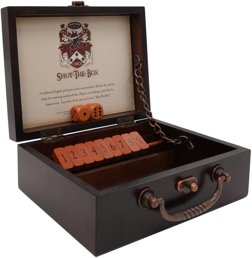 Front Porch Classics, Circa Shut the Box, Wooden 9 Number Dice Game with Case for Travel, for Adults and Kids Ages 8 and Up