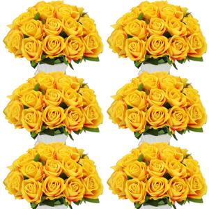 Jexine 50 Pcs Artificial Rose Flower Bulk Realistic Silk Fake Roses with Long Stem Plastic Artificial Flower Bouquet Real Looking for Home Wedding Centerpieces Party Decoration(Yellow)