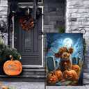 Happy Halloween Garden Flag 12x18 Double Sided, Small Burlap Holiday Graveyard Pumpkin High Cow Garden Flags for Outside Halloween Decorations Outdoor Yard Lawn Porch Dcor